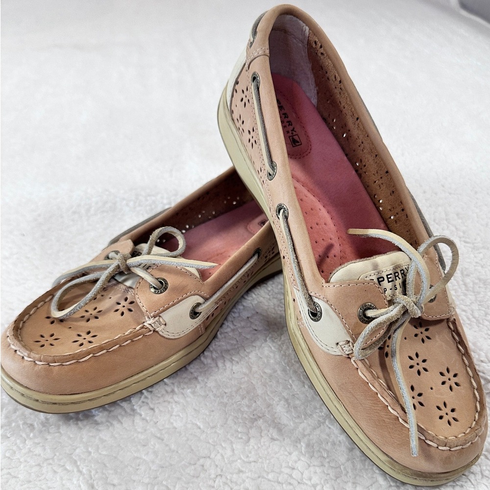 Sperry Top-Sider Boat Shoes Womens Tan Leather Floral Perforated Bluefish SIZE 8